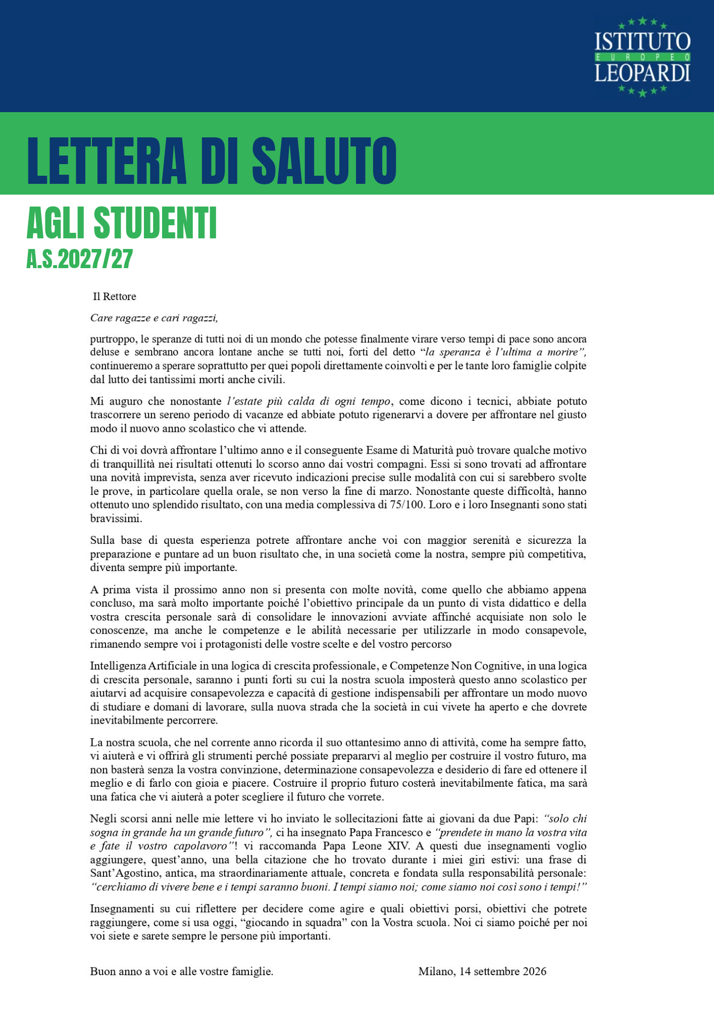 Saluto del Rettore a.s. 26_27